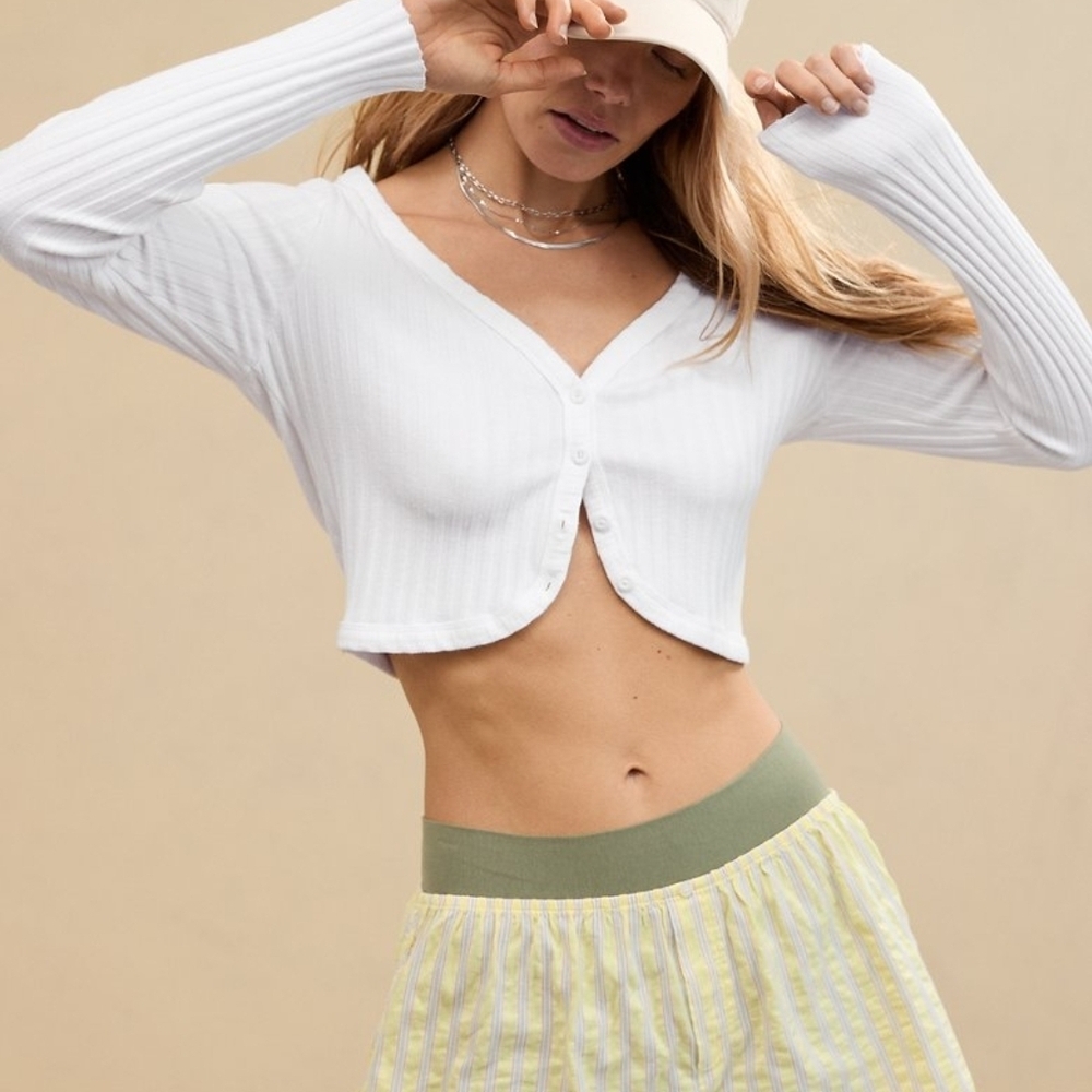 Aerie Rib Knit Cropped Cardigan Top White | Size X-Large